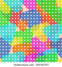 Overlapping triangles with rounded corners on a beige background. Seamless texture with white circles.