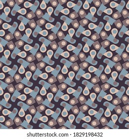 overlapping turquoise, beige, coffee circles and rounded shapes are arranged in a specific order against a purple background. motley geometric seamless pattern. vector
