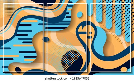 overlapping various shapes, stripes, arrays of circles, smooth lines. an avant-garde triptych of three images in white frames. vector 