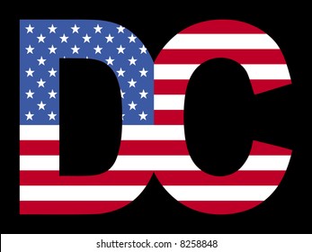 Overlapping Washington DC text with American flag illustration