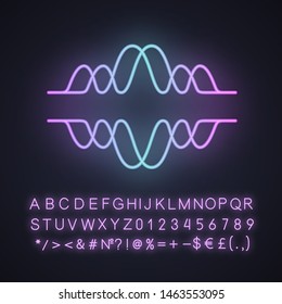 Overlapping waves neon light icon. Voice recording, radio signal. Abstract music frequency level. Noise, vibration amplitude. Glowing sign with alphabet, numbers, symbols. Vector isolated illustration
