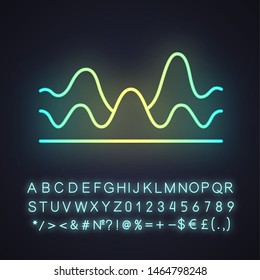 Overlapping waves neon light icon. Sound wave with flowing, fluid effect. Digital soundwave, audio waveform, audio rhythm. Glowing sign with alphabet, numbers and symbols. Vector isolated illustration