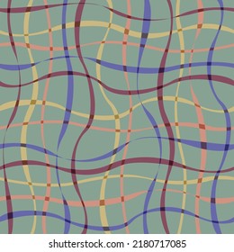 Overlapping Wavy Lines. Irregular curves, twisted wavy lines of different thickness and transparency.  Seamless geometric pattern with blue, red, yellow and green wavy lines.