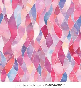 Overlapping wavy lines in shades of pink, light blue, red, purple, white, and teal, grunge lines ikat pattern, striped seamless pattern, Vector illustration background for print the paper.