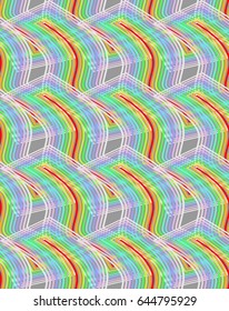 Overlapping wavy rainbow shapes on grey background, seamless vector retro patterns