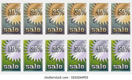overlapping wavy shapes, gold and silver numbers and letters, 3D effects. two sets of luxury stickers for sale. vector