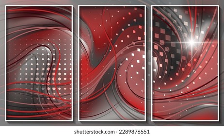 Overlapping wavy stripes, arrays of geometric shapes, a flash of light, glare and glow against a background of mixing colors. Three images in white thin frames. Vector.