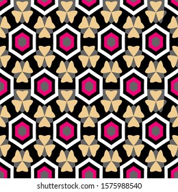 overlapping white, black, pink and gray hexagons and beige art elements are grouped and arranged in rows. geometric art seamless pattern. vector