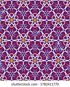 overlapping white smoothly curved stripes, assorted yellow stars, red crescents and art outlines are arranged in a specific order against the purple background. arabic seamless pattern. vector