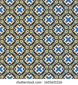 überlappende gelbe, blaue, graue, schwarze Formen sind in einer bestimmten Reihenfolge auf weißem Hintergrund angeordnet und bilden ein farbenfrohes, mehrfarbiges, nahtloses Muster. Vektorillustration