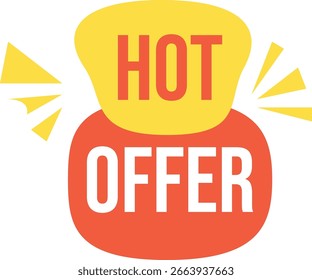 Overlapping yellow and red abstract shapes display the white text HOT OFFER with radiating yellow graphic lines.