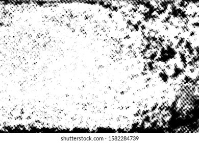 Overlay aged grainy messy template. Distress urban used texture. Grunge rough dirty background. Brushed black paint cover. Renovate wall scratched backdrop. Empty aging design element. EPS10 vector.