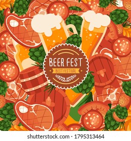 Overlay bbq meat, beer and barrel on white backdrop. Oktoberfest banner for invitation or gift card, notebook, bath tile, scrapbook. Phone case or cloth print art. Flat style stock vector illustration