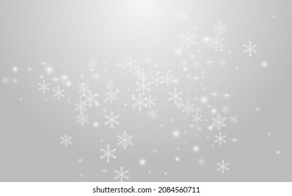 Superposición del fondo gris del vector de confetti. Ilustración de Nieve Blanca Glitter. Papel de escritorio de puntos elegantes. Patrón de copos de nieve de Navidad.