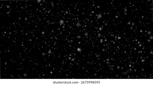 Overlay design. Flying Snow. Random snowfall design.Snowflakes gently falling on black background. February vector design. Overlay design. 