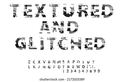  Overlay Distorted Font . Alphabet .Minimal Art Design . Textured Letterpress Typography . Glitched Text .Broken Effect Lettering .vector 