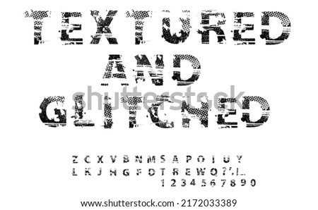  Overlay distorted font . alphabet .Minimal art design . Textured letterpress typography . Glitched text .Broken effect lettering .vector 