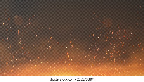Overlay effect of fire, smoke, sparks of coals. Abstract background with effect realistic heat effect with glow and sparks from bonfire. Vector Burning sparks flying in the air. Overlay vector