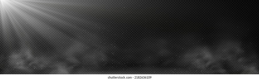Overlay effect of white light ray, fog and dust isolated on transparent background. Vector realistic background with sunlight or lamp beams, clouds of smoke or mist and flying particles