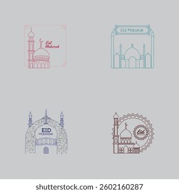 Overlay 'Eid Mubarak' on a delicate outline of a mosque's dome and minarets