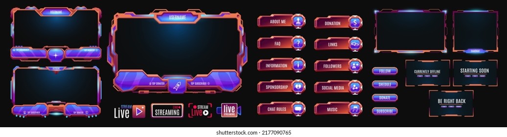 Interfaz de juego superpuesta, panel de pantalla de neón y marcos, plantilla de interfaz de usuario vectorial. Interfaz de juego superposición de botones de streaming en vivo, vibración de video gamer y etiquetas de nombre para juegos de streaming y GUI digital futurista