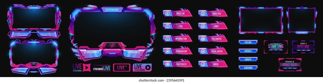 Overlay game stream interface, neon screen panel frames, vector live twitch UI buttons. Streamer gamer interface template , video stream tags and broadcast digital menu for FAQ, chat or music player