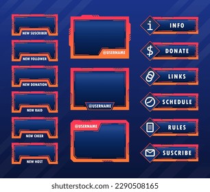 Overlay game stream interface, neon screen panel frames, vector live twitch UI buttons.