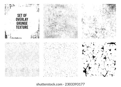 Overlay grunge textures set. Various overlays texture, imitation of stone, concrete, cracks and damage stamps. Different grunge effects. Vector.