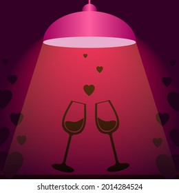 Überlagerung des Lichts auf die von der Deckenleuchte beleuchteten Weingläser. Silhouette der Gläser Wein. Licht der Lampe im Restaurant über dem Tisch. Abend für Liebhaber. Lichtkonzept. Vektorgrafik.