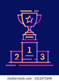 Overlay line icon trophy cup on the podium. Vector illustration on dark blue background