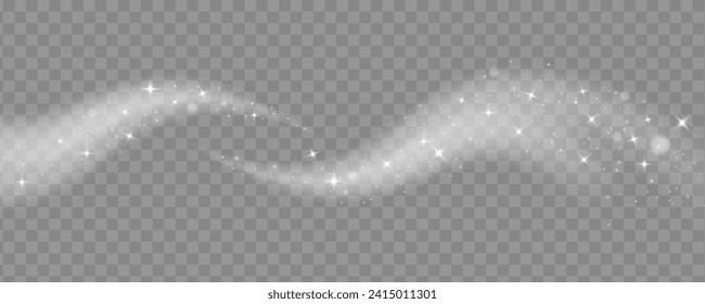 Overlay magic effect glowing traces of sparkle dust star waves. Stardust white sparks from an explosion on transparent background. Magic burst of energy rays. Banner for design. Vector illustration.