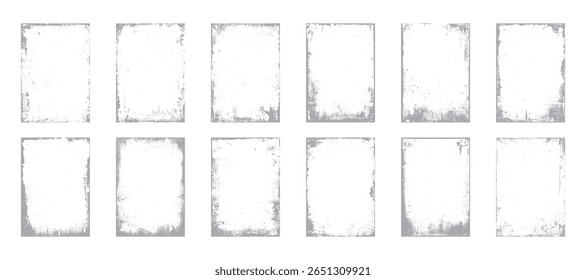 Overlay old frame and border effect torn and crumpled grunge pattern for poster or vinyl album cover. Vector of rough, dirty, grainy design, poster frame, cover.