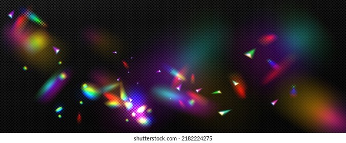 Overlay Rainbow Effect, Prism Crystal Light Refraction. Lens Flare, Glass, Jewelry Or Gem Stone Blurred Reflection Glare, Optical Physics Effect On Black Background, Realistic 3d Vector Illustration