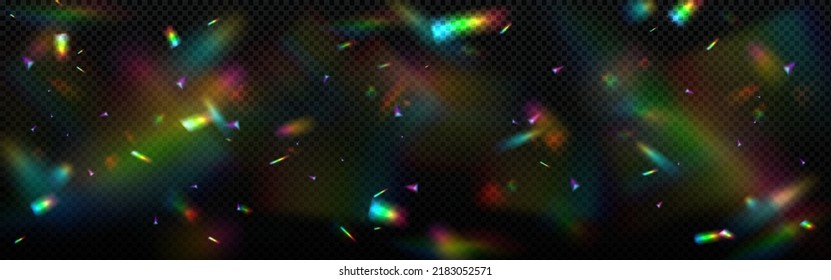 Overlay Rainbow Effect, Prism Crystal Light Refraction. Lens Flare, Glass, Jewelry Or Gem Stone Blurred Reflection Glare, Optical Physics Effect On Black Background, Realistic 3d Vector Illustration