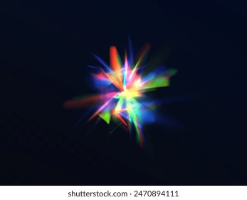 Efecto arcoiris superpuesto, refracción ligera de cristal de prisma. Destello de la lente, vidrio, joyería o piedra gema deslumbramiento de reflexión borrosa, efecto de física óptica sobre fondo negro	
