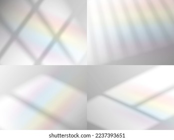 Overlay rainbow shadow from the window. Vector background with prism refraction of light on white wall, floor or ceiling. Realistic jalousie and frame blind shade effect. Soft sunlight in room mockup