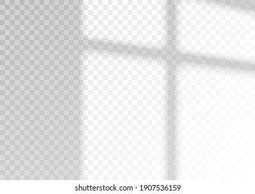 Overlay shadow effect. Transparent overlay window and blinds shadow. Realistic light effect of shadows and natural lighting on a transparent background. Vector illustration 