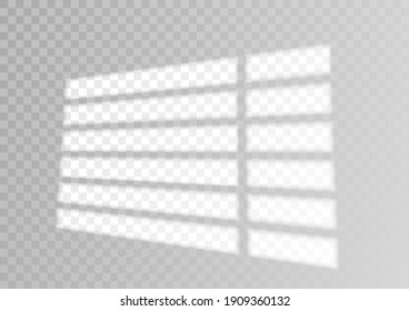 Overlay shadow effect. Transparent overlay window and blinds shadow. Realistic light effect of shadows and natural lighting on a transparent background. Vector illustration 