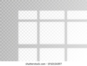 Overlay shadow effect. Transparent overlay window and blinds shadow. Realistic light effect of shadows and natural lighting on a transparent background. Vector illustration 