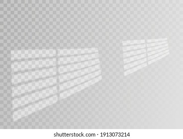 Overlay shadow effect. Transparent overlay window and blinds shadow. Realistic light effect of shadows and natural lighting on a transparent background. Vector illustration 
