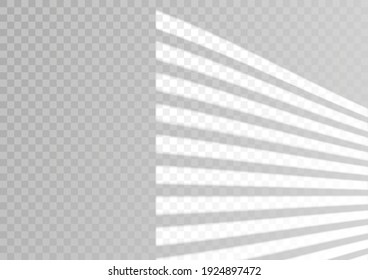 Overlay shadow effect. Transparent overlay window and blinds shadow. Realistic light effect of shadows and natural lighting on a transparent background. Vector illustration 