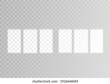 Overlay shadow effect. Transparent overlay window and blinds shadow. Realistic light effect of shadows and natural lighting on a transparent background. Vector illustration 