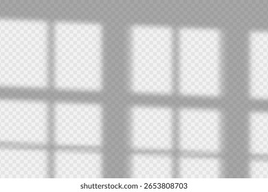 Superponer sombra desde la ventana y jalousie. Efecto de sombra de superposición transparente. Luz suave natural realista de sombras sobre fondo transparente. Ilustración vectorial.