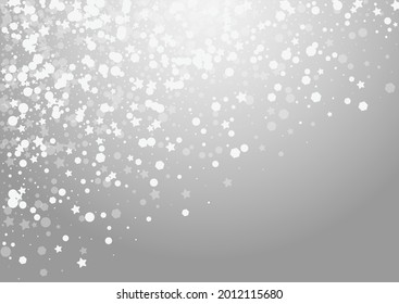 Overlay Snow Vector Grey Background. Silver Falling Snowfall Card. Glow Confetti Illustration. Magic Flake Pattern.