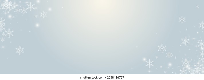 Overlay Snowflake Vector Panoramic Transparent Background. Grey Glitter Confetti Backdrop. Winter Snowfall Wallpaper. Elegant Flake Design.