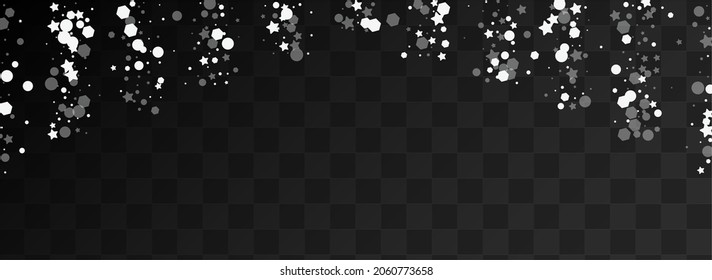 Overlay Snowstorm Vector Panoramic Transparent Background. White Chrismas Stars Invitation. Glitter Snowfall Texture. Elegant Flake Illustration.