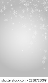Overlay Stars Vector Grey Background. White Minimal Snowfall Backdrop. Glitter Snowflake Banner. Christmas Snowstorm Illustration.