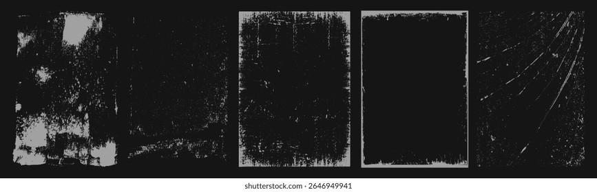 Overlay texture frames with paper fold effect and rough dirty scratches. Old blank overlay texture set with effect damaged, dust, grunge strokes, creases. Torn paper with creases. Grunge punk frames.