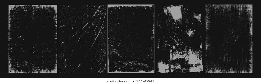 Overlay texture frames with paper fold effect and rough dirty scratches. Old blank overlay texture set with effect damaged, dust, grunge strokes, creases. Torn paper with creases. Grunge punk frames.