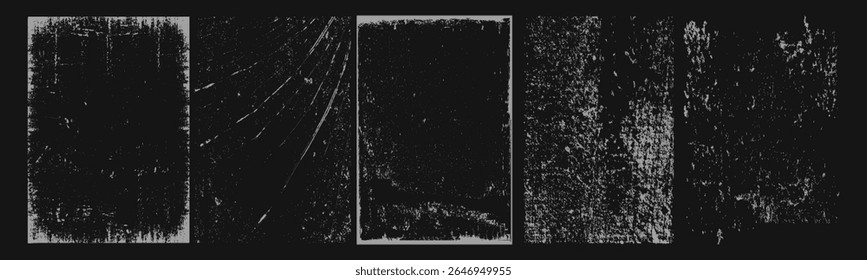 Overlay texture frames with paper fold effect and rough dirty scratches. Old blank overlay texture set with effect damaged, dust, grunge strokes, creases. Torn paper with creases. Grunge punk frames.